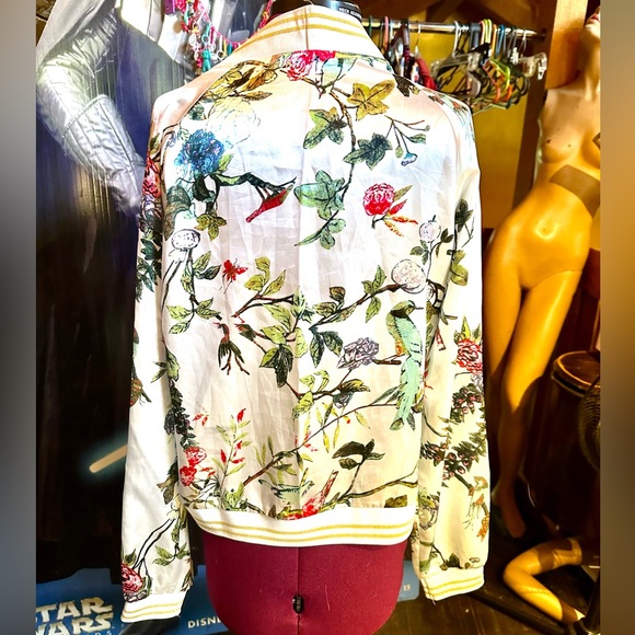 New Awesome White Floral Bomber Jacket with Glitter Retro Sporty Trim by SHEIN! - Picture 2 of 9